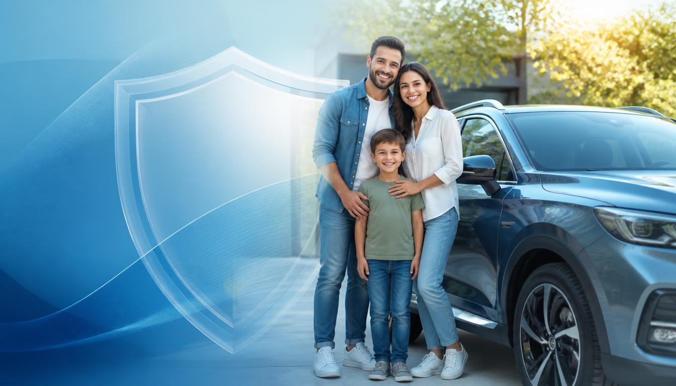 Família protegida ao lado do carro com escudo de segurança